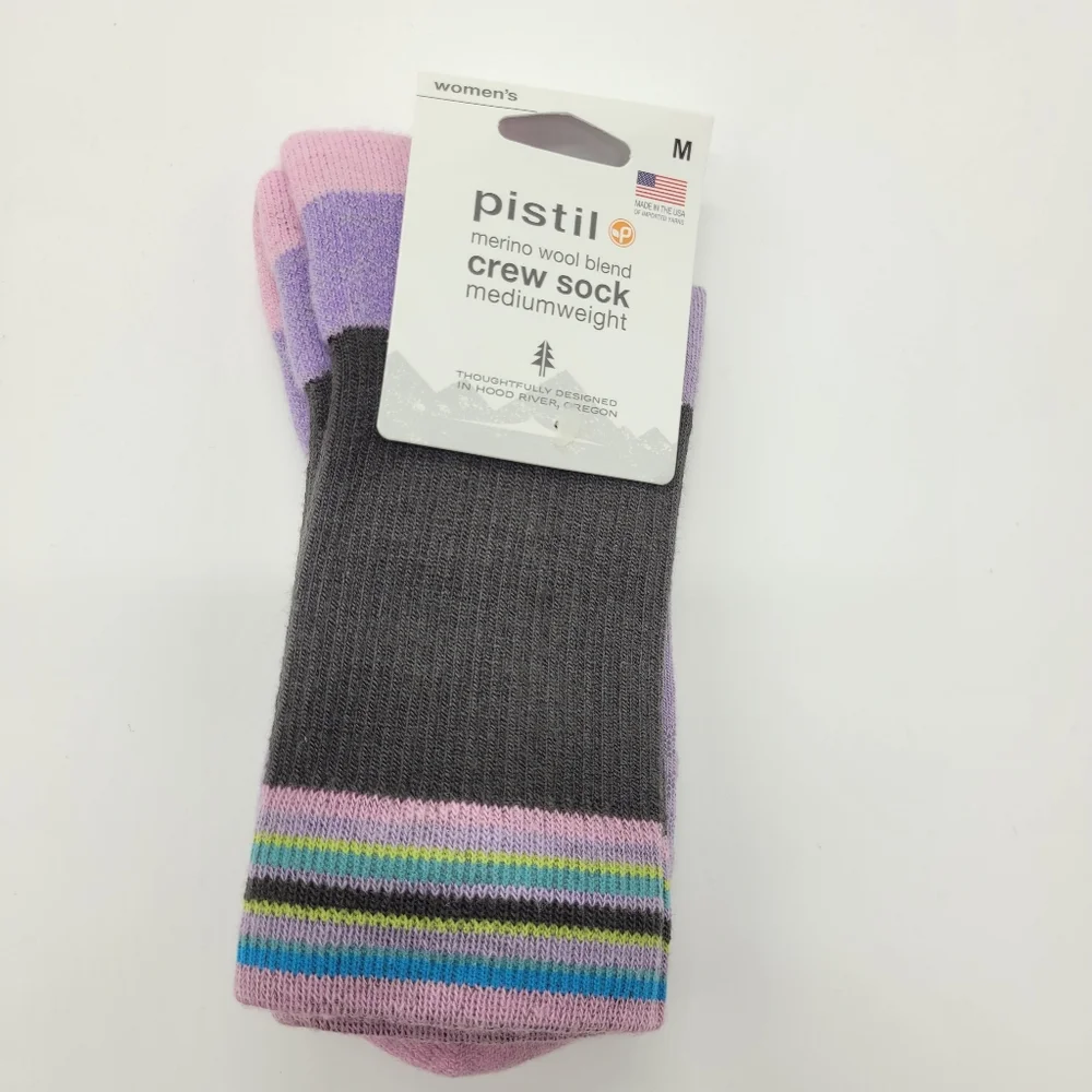 Pistil Kaiya Crew Socks Merino Wool Blend Purple Grey Stripe Womens Medium NEW